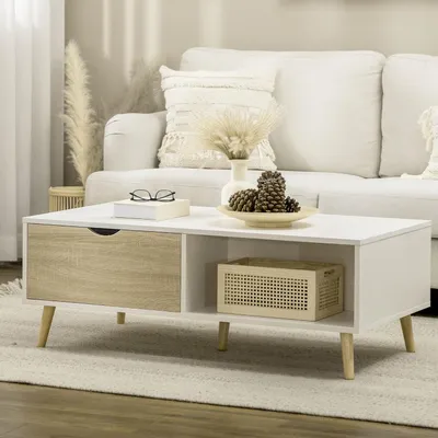 Image de Table basse - Table d'appoint - Table de salon - Table pour canapé - Table basse blanche avec tiroirs et espace de rangement ouvert