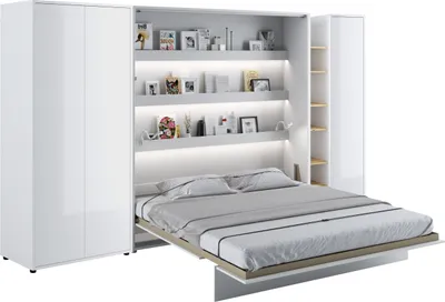 Produktbild von Wohnwand mit Schrankbett Bed Concept 180x200 Lenart Kleiderschrank Regalschrank Regal Led Beleuchtung Weiß/Weiß Hochglanz/Artisan Eiche
