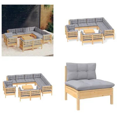 Produktbild von vidaXL 12 tlg. Garten Lounge Set mit Grauen Kissen Massivholz Kiefer - Garten-Lounge-Set - Garten-Lounge-Sets - Gartenmöbel-Set - Gartenmöbel-Sets