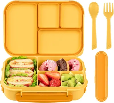 Produktbild von Amathley Brotdose Kinder Bento Lunchbox 1200ml Mit 4 Fächern Und Besteck Gelb