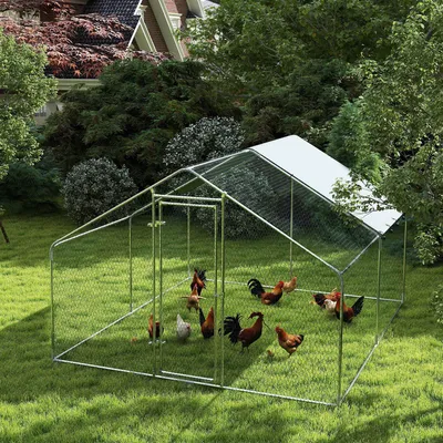 Image de Poulailler pour 10 à 15 poules, enclos en acier, poulailler avec serrure de sécurité, couleur argent | 300 x 340 x 190 cm | Toile anti-UV, imperméable | 21,5 kg