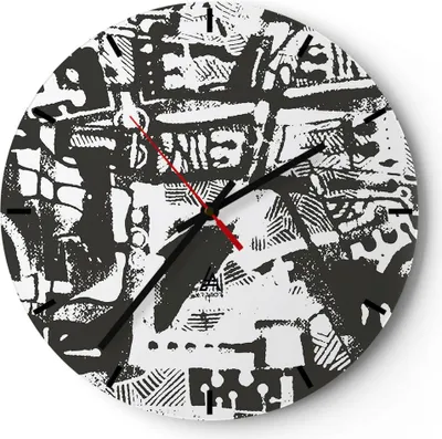 Produktbild von Wanduhr - Rund - Glasuhr - Schwarzweiß Figuren Abstraktion - 30x30cm - Schleichendes Uhrwerk - Lautlos - zum Aufhängen bereit - Dekoration Modern - Wanddekoration aus Glas - C3AR30x30-5125