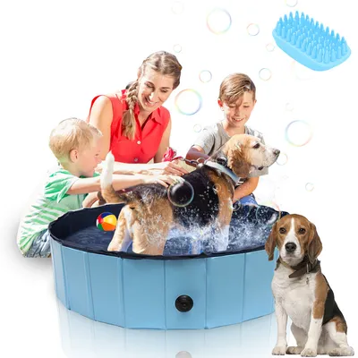Image de Fiqops Piscine pour chiens Animaux de compagnie PVC Bassin de douche Pliable avec brosse de bain pour animaux de compagnie Piscines extérieures 120*30CM