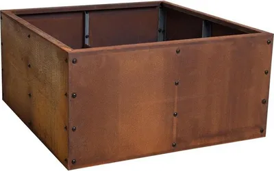 A square, metal raised garden bed with a rusted finish.