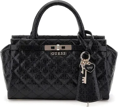 A black GUESS handbag is shown against a white background.