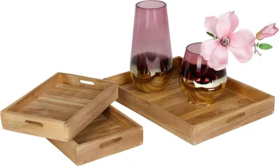 Produktbild von Tablett-Set aus Teakholz 3tlg Serviertablett Dekotablett Frühstückstablett Küche