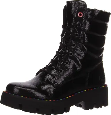 A studio shot of a black boot on a white background.