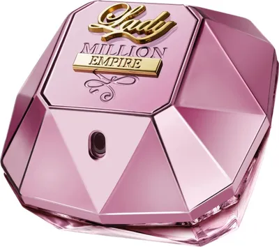 A pink, diamond-shaped perfume bottle with gold lettering.