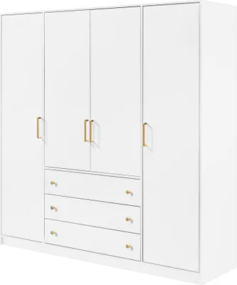 A white wardrobe with gold handles against a white background.