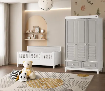 Produktbild von Skandinavisches Kinderzimmer-Set: Kinderbett & Kleiderschrank in Weiß