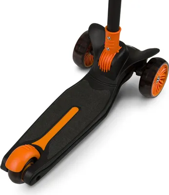 Close-up view of the front and middle section of a three-wheeled scooter.