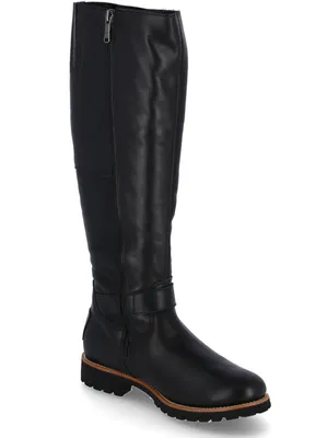 A single black leather boot is shown against a white background.