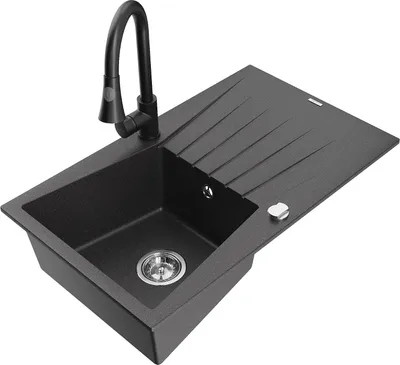 Produktbild von Mexen Cesar 1 Becken-Granitspüle mit Abtropffläche und Mischbatterie Elia, Schwarz gesprenkelt - 6514-76-670101-70