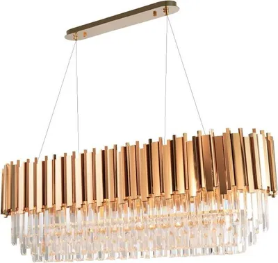 A rectangular chandelier with gold-colored metal accents and clear crystal elements, suspended by thin wires against a white background.