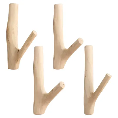 Holzhaken 4er-Set, Wandhaken aus Naturholz, dekorativ, 2-3 cm breit