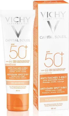 A product shot of a Vichy Capital Soleil sunscreen tube and its packaging.