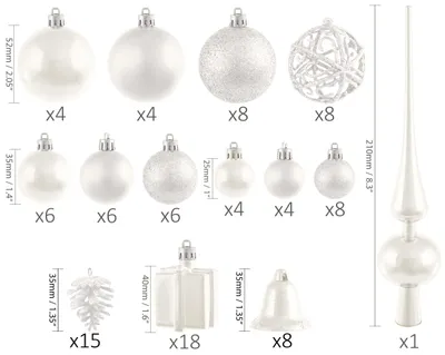 Productafbeelding van BRUBAKER Kerstbalset met 101 stuks, inclusief boomtop - Glanzende kerstballen voor de kerstboom, wit en crème