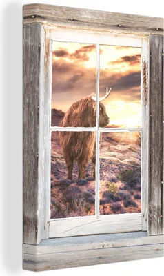 Produktbild von OneMillionCanvasses® - Leinwandbilder - 90x140 cm, Schottisches Hochlandrind - Ansicht - Düne, - Geöffnetes Fenster - Fensterblick Hochland Rind - Tier Wanddekoration - Hochland Rind - Kuh - Gemälde auf Holzrahmen  - Wandschmucke - Schlafzimmer