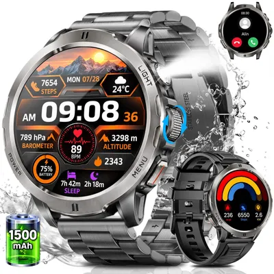 Produktbild von 2026 Herren Militär-Smartwatch mit 1,85" AMOLED und 75 Tagen Standby Smartwatch Herren-Fitnessuhr, mit IP68+5ATM, 24/7 Herzfrequenz, SpO₂, Blutdruck