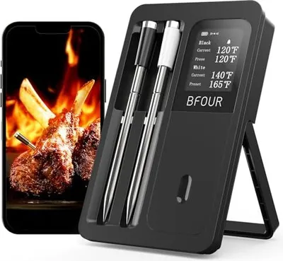 Produktbild von BFOUR Fleischthermometer Kabelloses mit 2 Sonden,Bluetooth Grillthermometer Smart Base, LCD-Display, APP-Steuerung, Bratenthermometer digital für