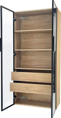 Image de OKWISH Armoire De Salle De Bain Avec Éclairage LED - Meuble De Rangement Avec 2 Portes Vitrées Et 2 Tiroirs - MDF - Naturel - 74x36x155 Cm