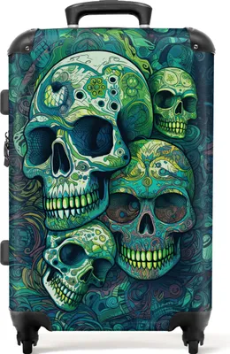 Produktbild von noboringsuitcases.com Hartschalen-Reisekoffer Grün mit Totenkopf-Design, TSA-Kombinationsschloss, 4 Rollen, 67x43x25 cm, 72 Liter
