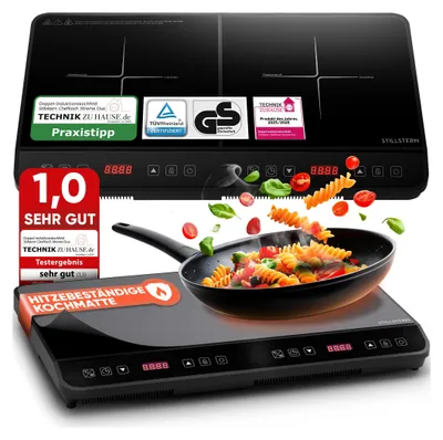 A product shot of an induction cooktop with a frying pan cooking pasta, surrounded by marketing elements and certifications.