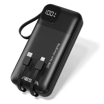 Immagine prodotto di VIESTA® powerbank 20.000 mAh nera ricarica rapida 22,5 W PD 20W cavo USB-C Lightning integrato display LCD torcia LED USB-A USB-C laccetto