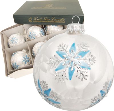 Krebs Glas Lauscha Glaskugel 6er Sets - Eisblume - 8cm - Christbaumschmuck zum Aufhängen - Dekoration aus Glas - 21263