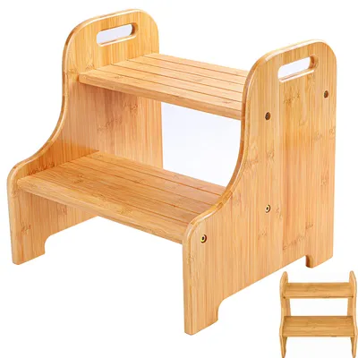 Produktbild von Hocker Tritthocker, Tritthocker aus Bambus, Erwachsener Kind Fußhocker, 2 Stufen,rutschfest,mit 2 Griffenv,38x34x33cm,Kinderwaschbecken Booster Hocker