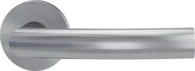 A close-up, side view of a brushed stainless steel door handle on a plain white background.