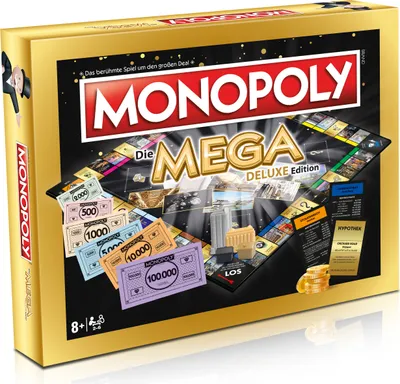 Produktbild von Winning Moves Brettspiel Mega Deluxe Edition, mit 12 zusätzlichen Spielfeldern, 8 neuen Straßen, Gaswerk, Tempowürfel, Shuttle-Ticket, 90 Min. verkürzter Spieldauer, 63x63cm Spielplan, für 2-6 Spieler ab 8 Jahren, deutsch