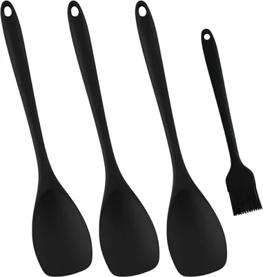 Productafbeelding van Keukengerei set, siliconen, 3-delig, spatel 27,5 cm, roerlepel, olieborstel, hittebestendig, zwart, voor koken