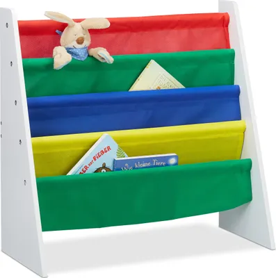 Produktbild von Relaxdays Bücherregal für Kinder, Aufbewahrungsregal, Spielzeugregal, aus MDF+Polyester, mit 4 Stofffächern, mehrfarbig