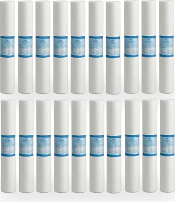 A grid of white sediment water filter cartridges, each with a blue label.