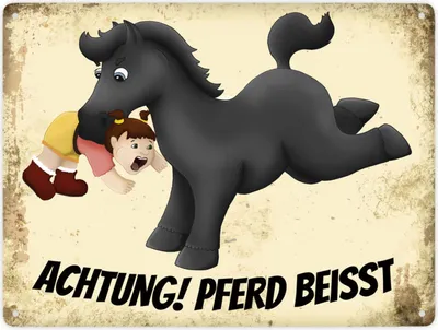 Produktbild von Achtung! Pferd beisst Metallschild XXL mit schwarzes Pferd Motiv Schild