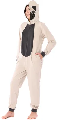 Produktbild von Ladeheid Mädchen Teenager Schlafoverall aus Baumwolle Tierkostüm Jumpsuit bunt Tiermotiv Verkleidung mit Kapuze LA40-233 (Beige Mops, 170)