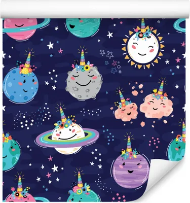 Produktbild von 10m VLIES TAPETE Rolle Kinderzimmer Planeten Sonnen Wolken Sternen Einhörner Kosmos XXL