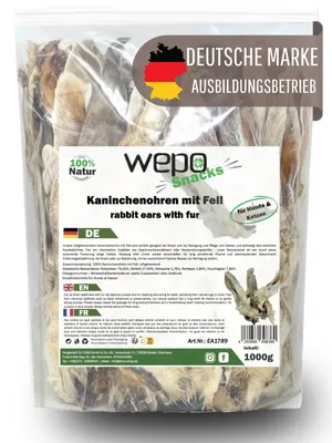 Produktbild von WEPO Kaninchenohren mit Fell für Hunde - 1kg getrocknete Kaninchen Ohren - Hasenohren für Hund & Katze - Hundeleckerli