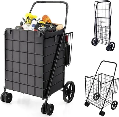 A black shopping trolley filled with groceries and other items, shown from the front and side. The trolley is also shown folded and unfolded in smaller inset images.