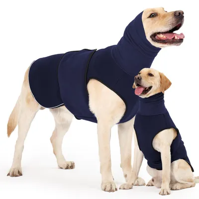 Image de Manteau pour chien avec capuche et protection des oreilles. Gilet anti-stress, couleur marine