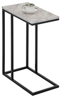 Produktbild von Beistelltisch DEBORA, praktischer Wohnzimmertisch in C-Form, schöner Couchtisch Tischplatte rechteckig in Marmoroptik, eleganter Sofatisch mit Metallgestell in schwarz