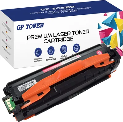 A magenta toner cartridge and its packaging are shown against a white background.