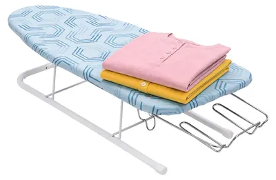 Produktbild von Relaxdays Tischbügelbrett, 76 x 30,5 cm Fläche, ausziehbare Bügeleisenstation, klappbar, kleines Bügelbrett, blau/weiß