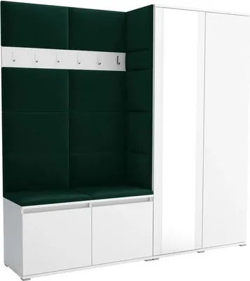 Produktbild von Garderoben-Set Noris IV mit Spiegel, gepolsterte Garderobe mit Sitzbank, Wandpaneelen und Stauraum (Farbe: Weiß + Trinity 28)