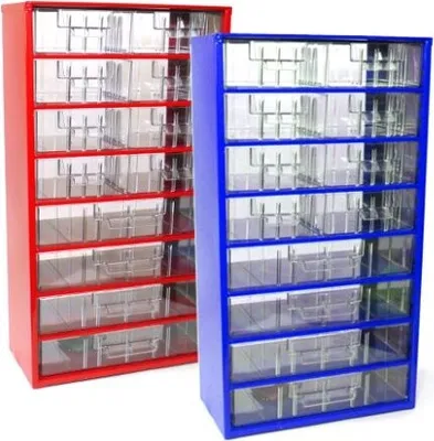 Produktbild von MARS Kleinteilemagazin mit 12 Schubfächern: 8x Mittel, 4x Groß Metallgehäuse | HxBxT 55,1x30,6x15,5cm | Blau
