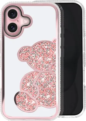 Image de Avizar, Apple iPhone 16 Étui à paillettes avec motif d'ours et strass, rose