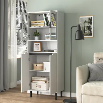 Produktbild von MODFU Highboard Bücherregal Aktenschrank mit 4 Türen,Schubladen und Regalen,Beistellschrank Vitrine mit Glastür,verstellbare Platte,Weiß
