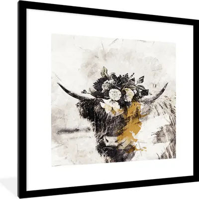 Produktbild von MuchoWow® MuchoWow® Gerahmtes Poster Schottisches Hochlandrind - Blumen 40x40 cm - Poster mit zchwarzem Bilderrahmen - Poster - Plakat im Rahmen