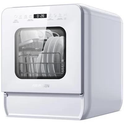 Productafbeelding van AIRMSEN Mini vaatwasser, compact model met een waterreservoir van 5 liter, 7 spoelprogramma's, automatische reiniging, timerfunctie (start tot 24 uur vooruit), energiezuinig, wit